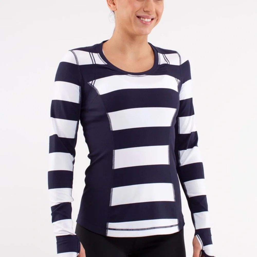 Lululemon Run: Switch Back Long Sleeve Wide Bold Stripe White Deep Indigo - Picture 7 of 7